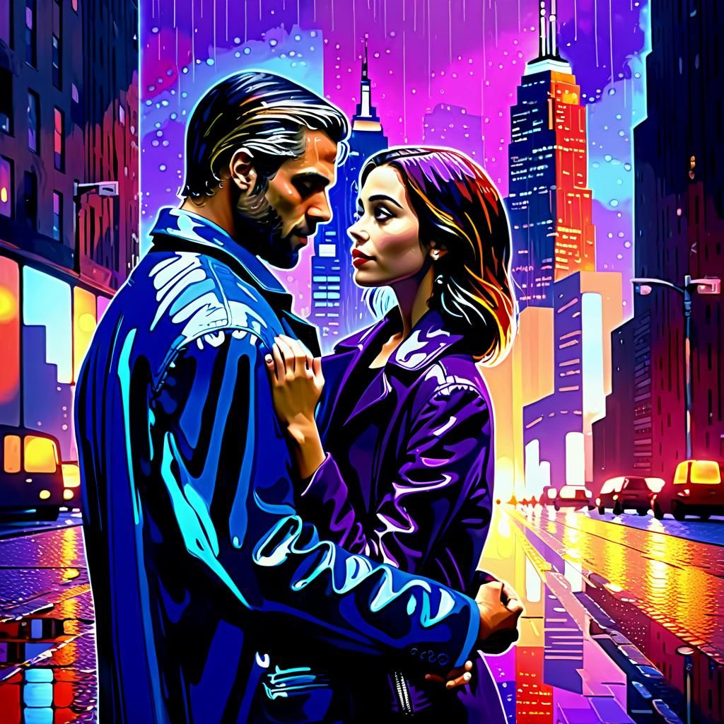 Embracing Couple in Cityscape Expressionism