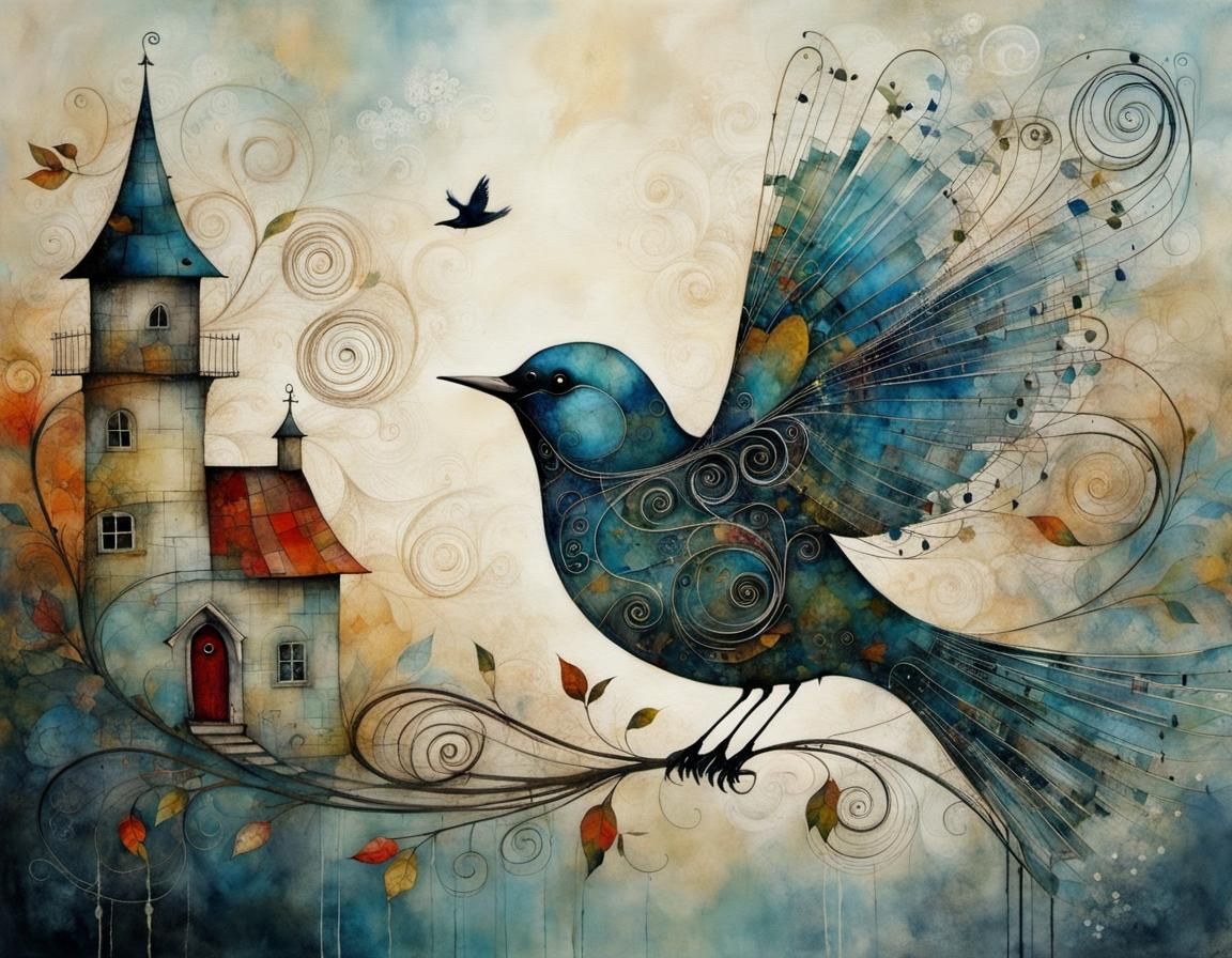 Magical Bird in Flight: Scandinavian Folk Art