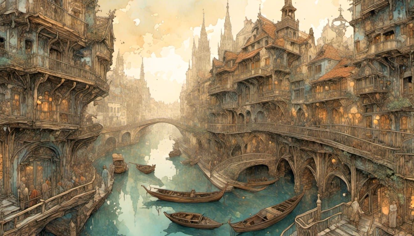 Foggy Steampunk Cityscape with Bridges and Engines