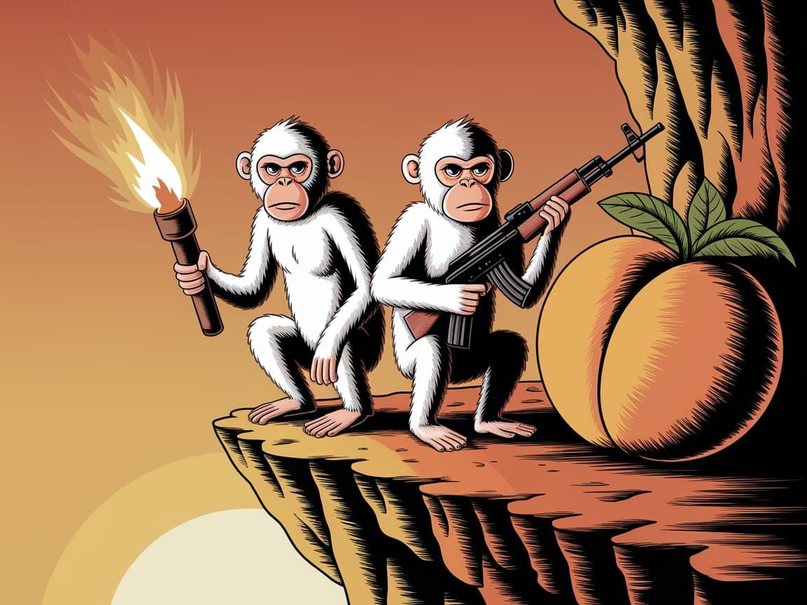 Golden Sunset Monkeys Guard a Rugged Peach in Cyberpunk Illu...