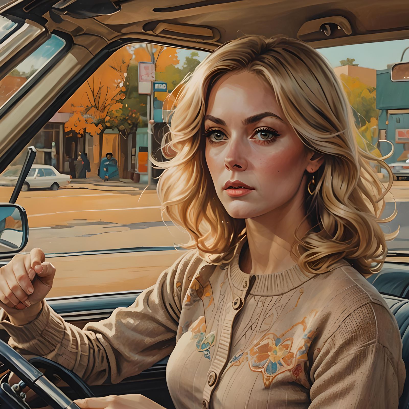 Woman Driving 1970s Car in Hyperrealistic Style