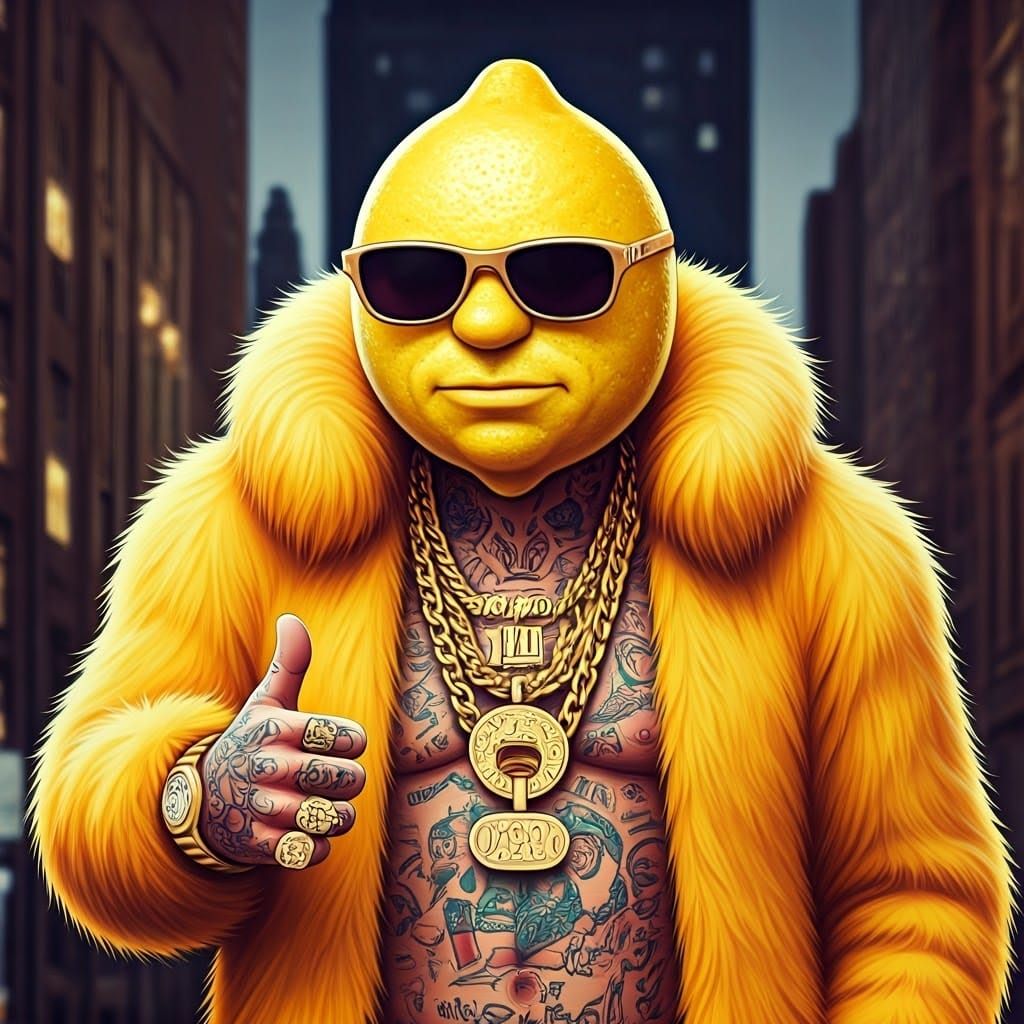Surreal Urban Rapper Lemon Head Gives Thumbs Up in Flashy St...