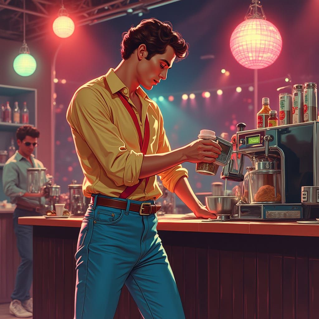 1970s Disco Barista in Patrick Nagel Style