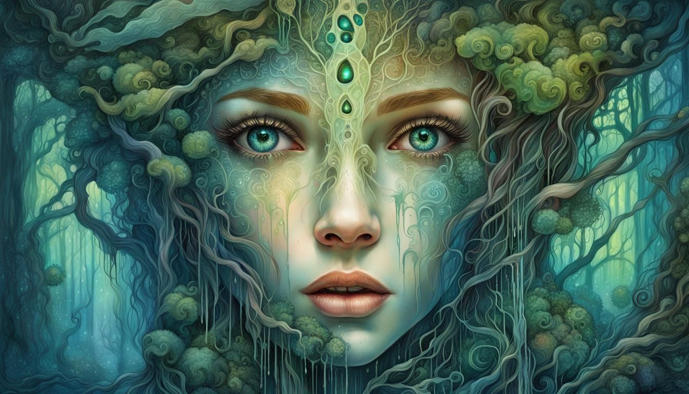 Ethereal Forest Girl Portrait with Bioluminescent Smoke