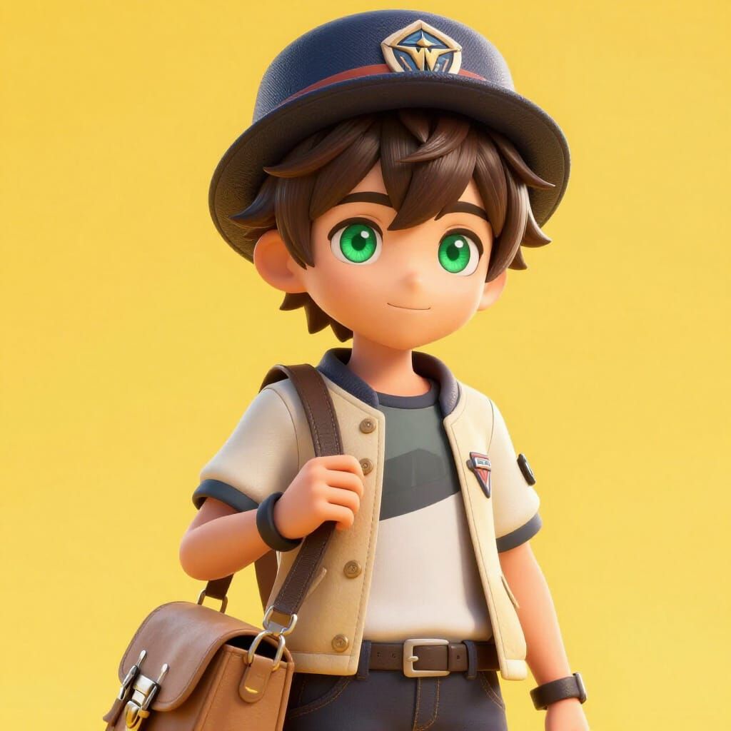 Young Boy in 3D Anime Style with Green Eyes and Hat