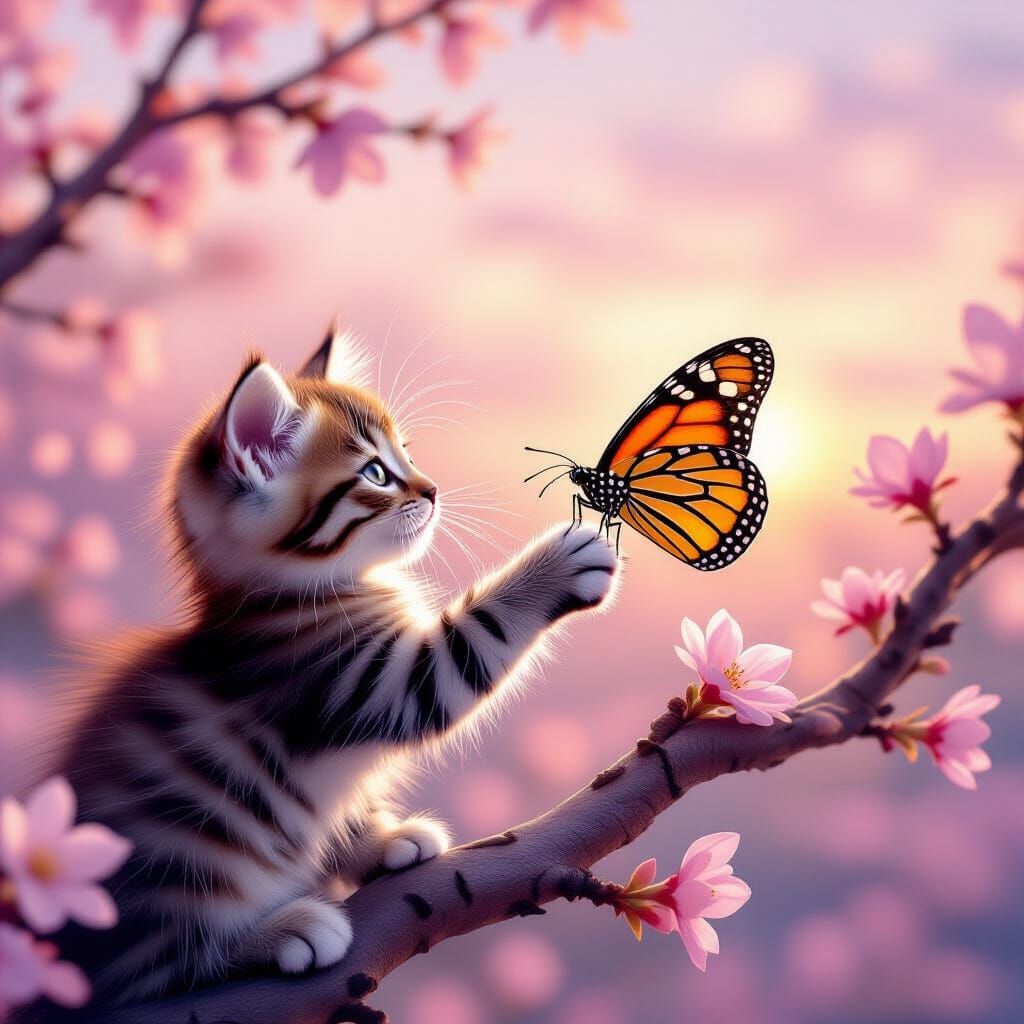 Curious Kitten Reaches for Monarch Butterfly