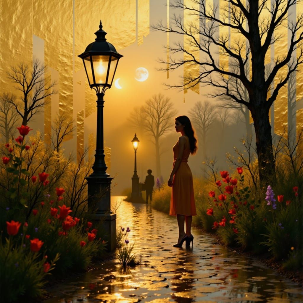 Old Lantern Glows on Wildflower Path in Storybook Style