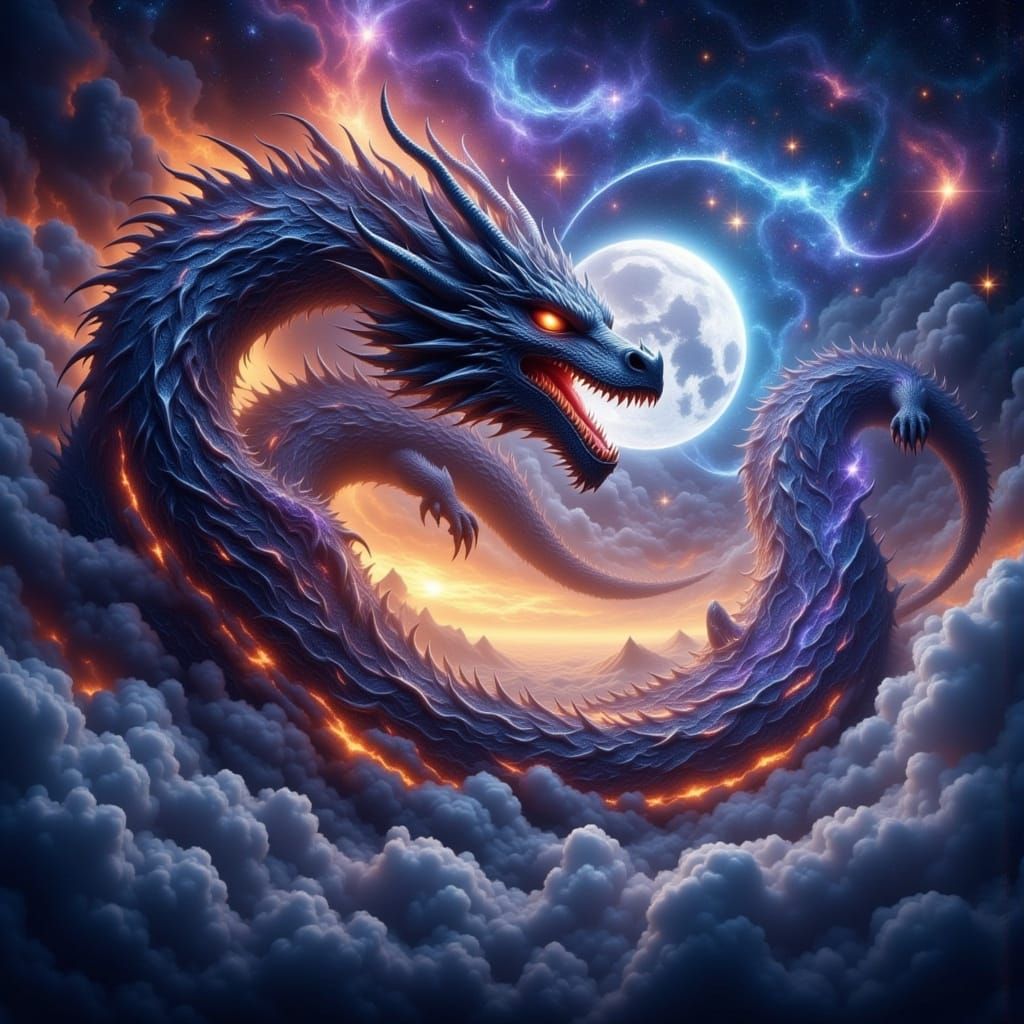 A majestic, ethereal dragon, its body composed of swirling n...