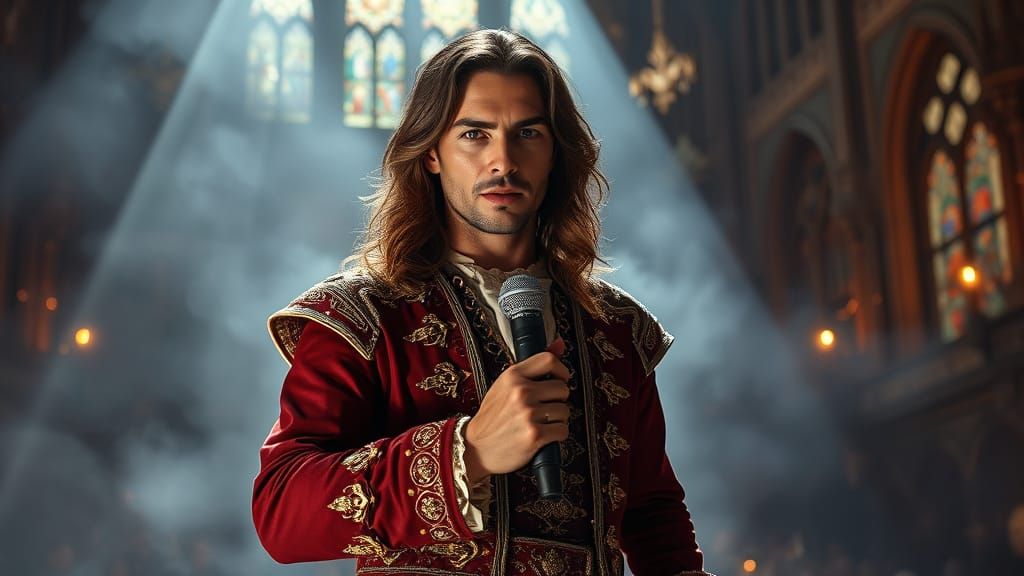 A handsome, very charismatic Spanish singer, 35 years old, with grey-brown eyes, with long dark blond chocolate-colored ...