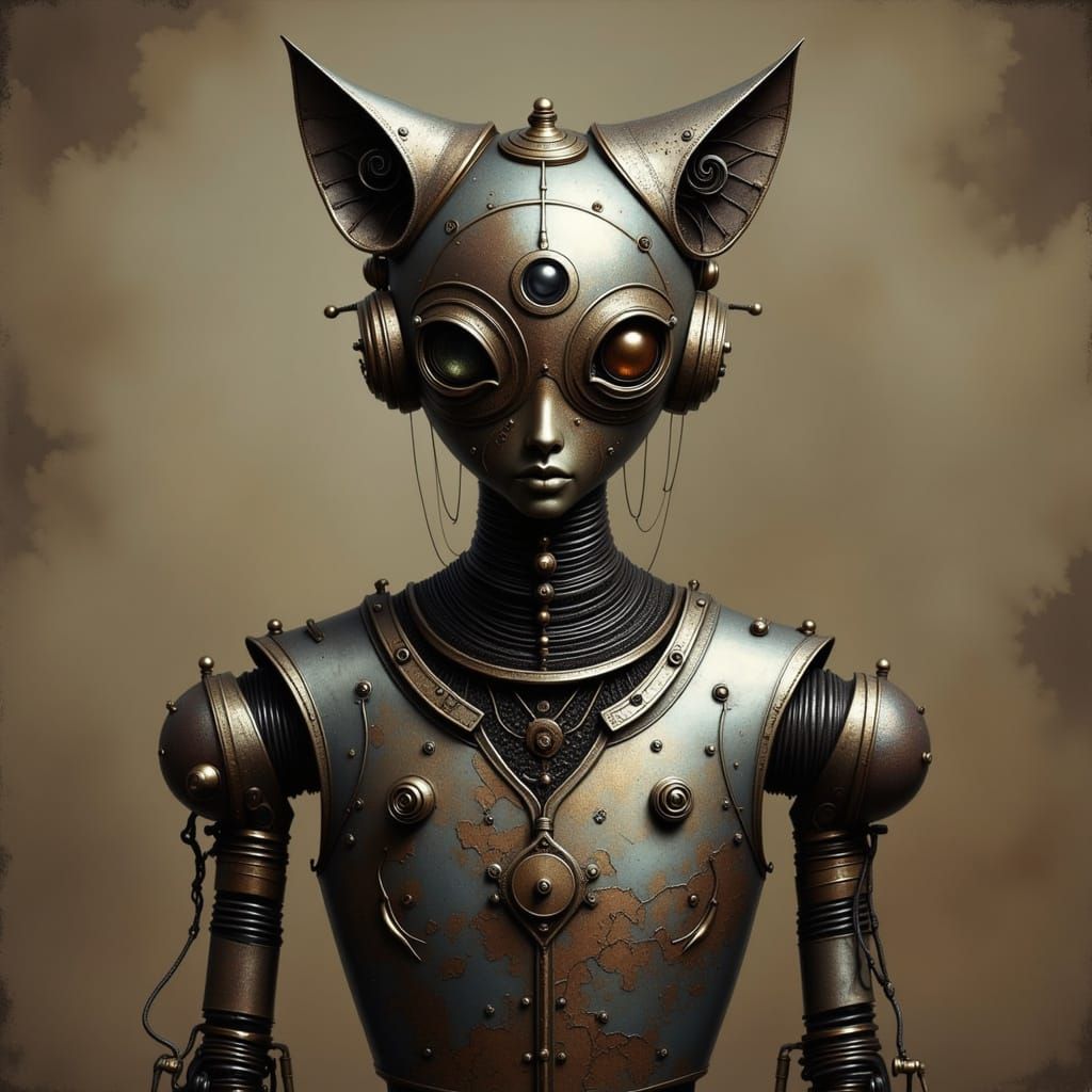 Dieselpunk Robot Cat Portrait in Crinkled Metallics