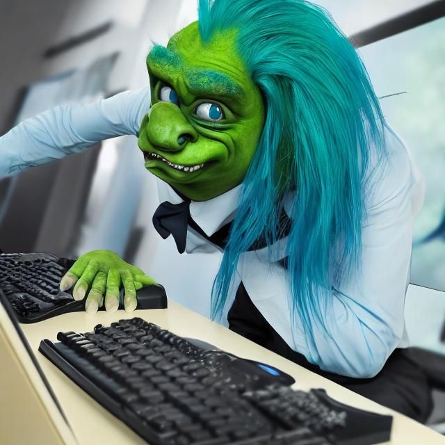 Cartoon Troll in Tuxedo at Computer