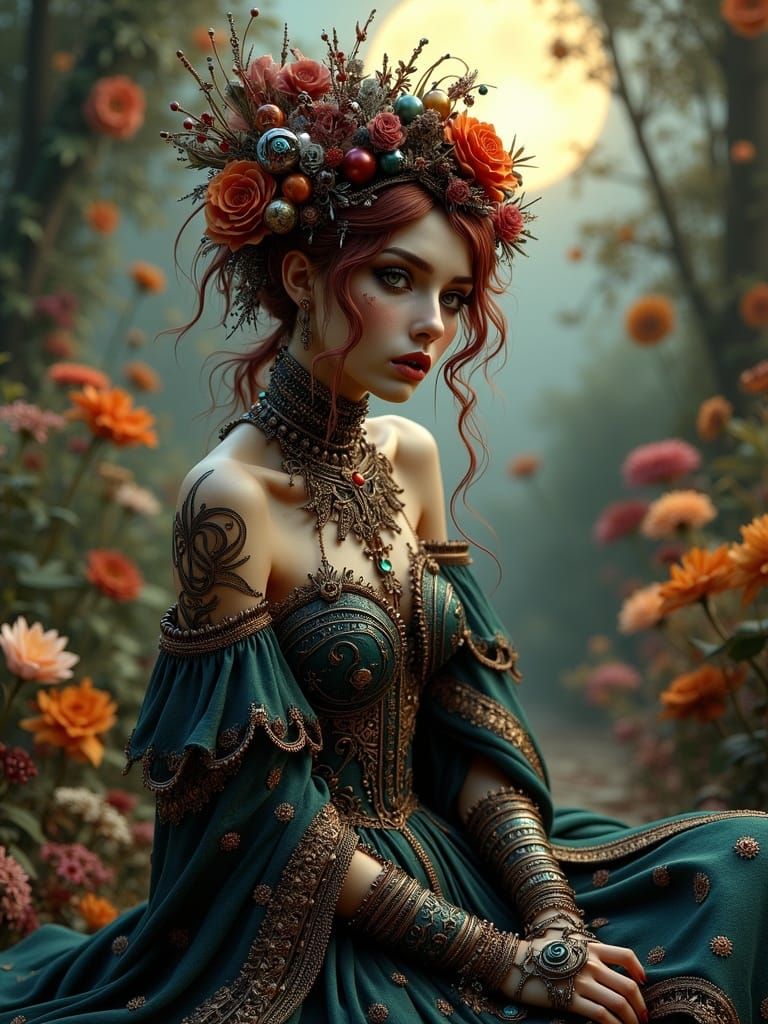 Gothic Steampunk Beauty in Fantasy Garden