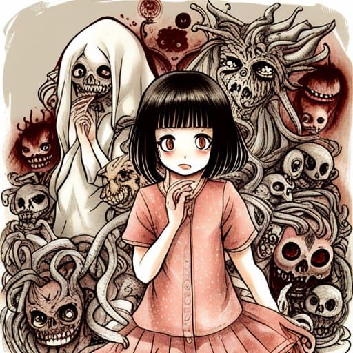 Horror Girl in Anime Style with Haunted Dolls