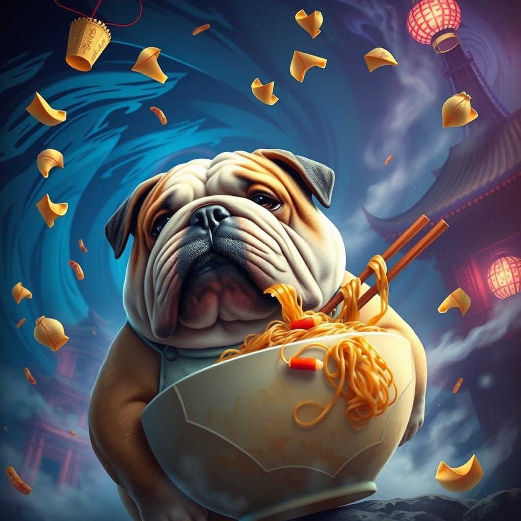 Mystical English Bulldog Savoring Steaming Noodles in Dreaml...