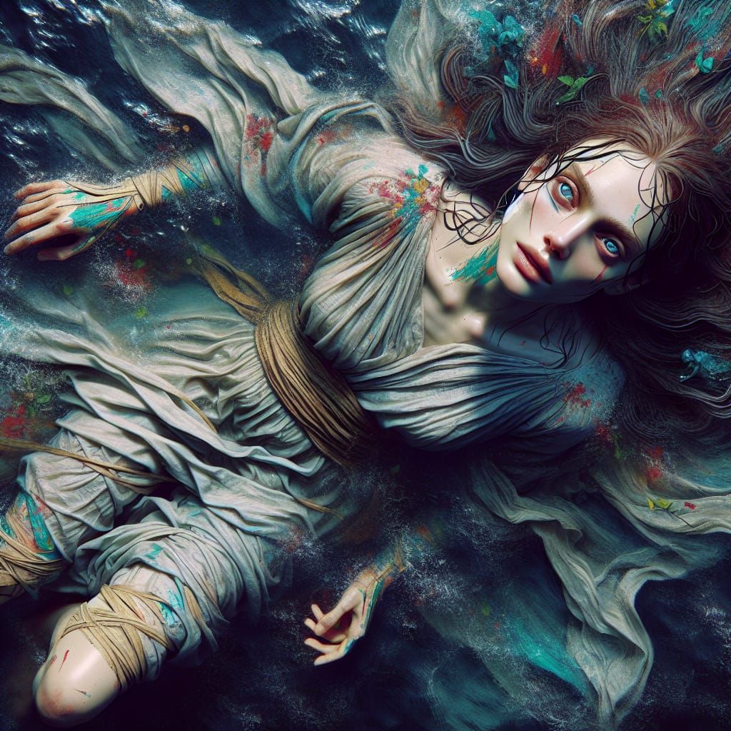 Ethereal Woman in Red Sea, Fantasy Concept Art