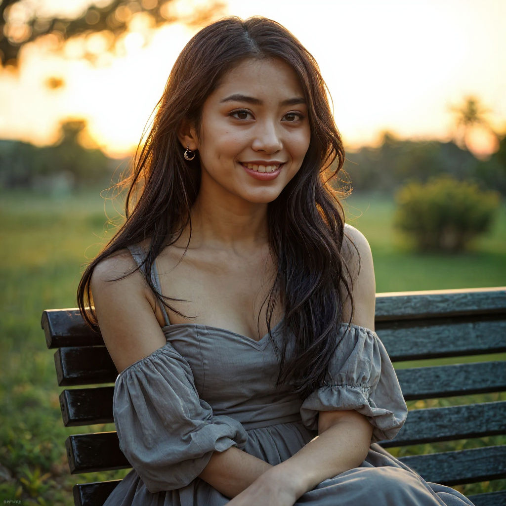 Indonesian Woman on Bench at Sunset in Pastel Colors