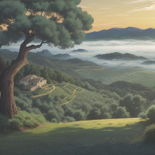 Dawn Over Hillside Vineyards in Anime Style