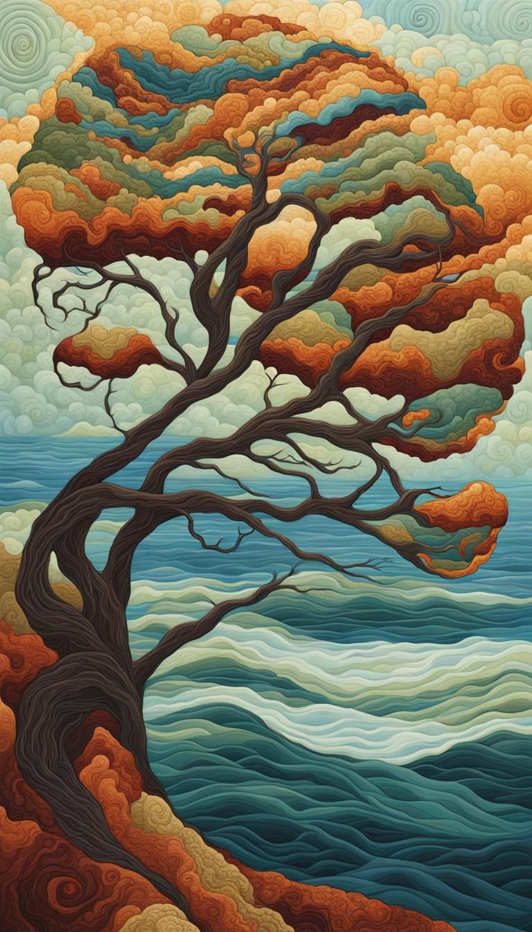 Abstract Quilted Tree on Windswept Bluff