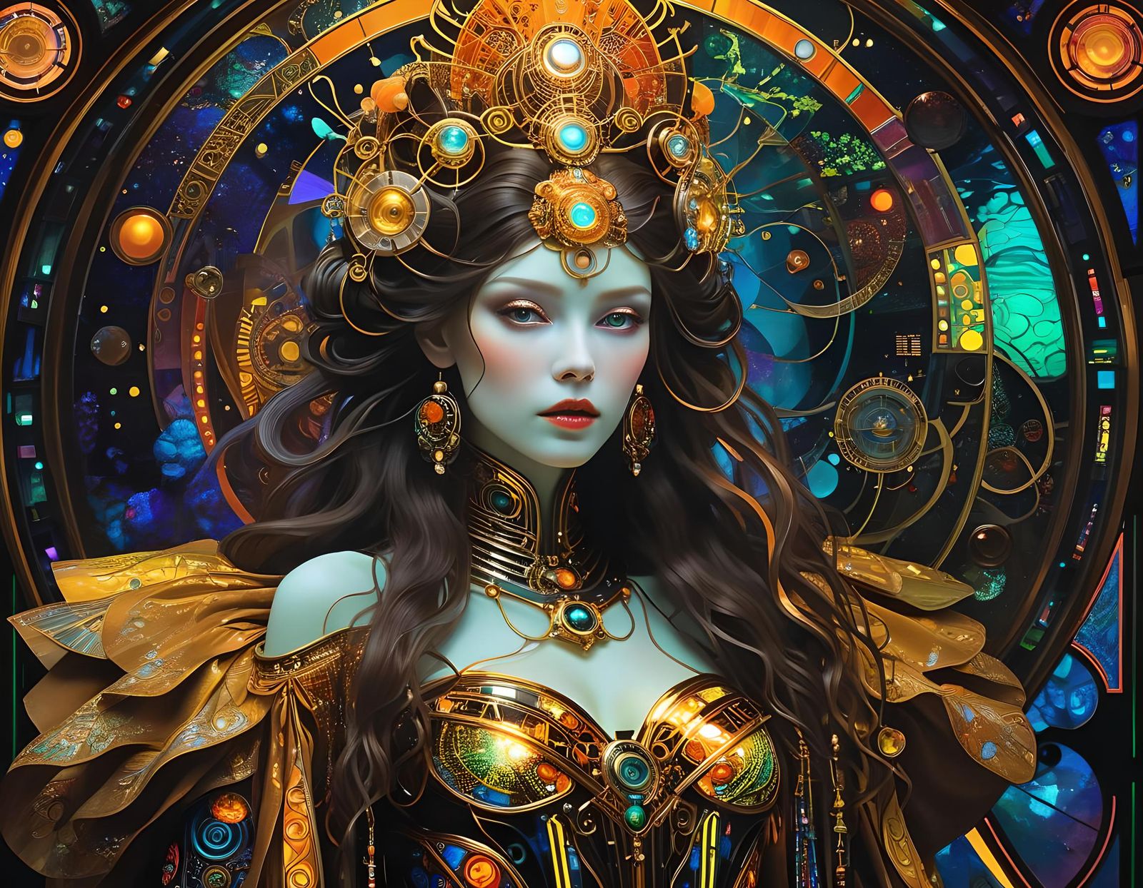 Neon Art Nouveau Portrait in Cyberpunk Style