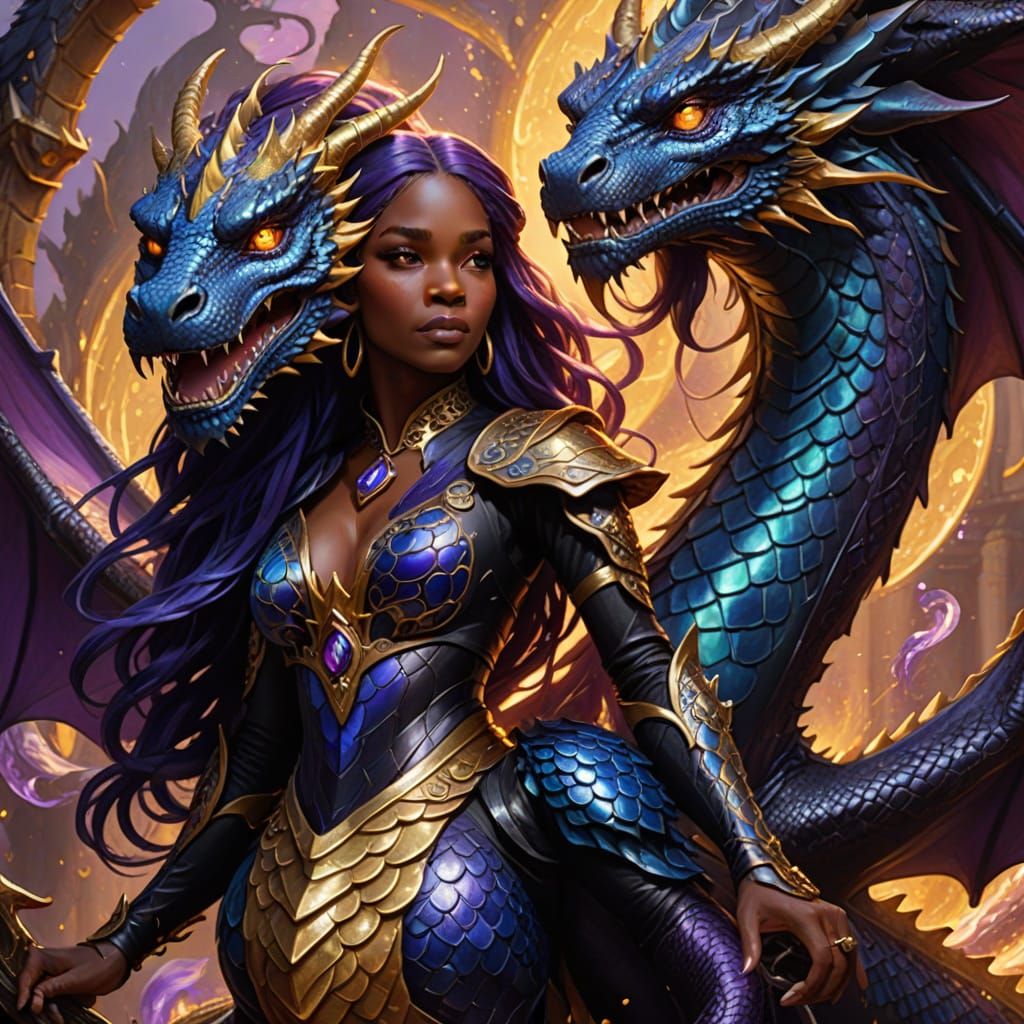 Black Woman Rides Dragon in Fantasy Art Style
