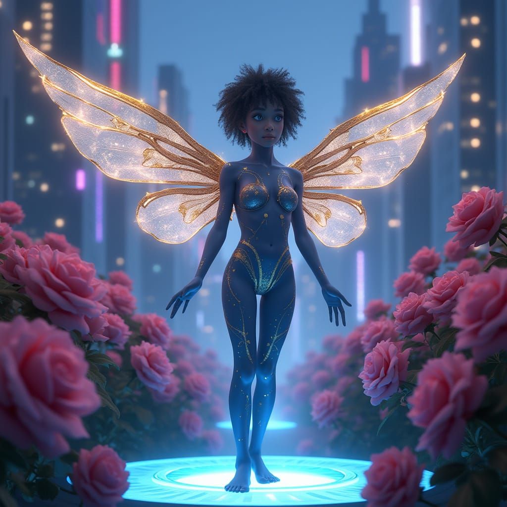 Ethereal Woman in Cyberpunk Cityscape with Roses