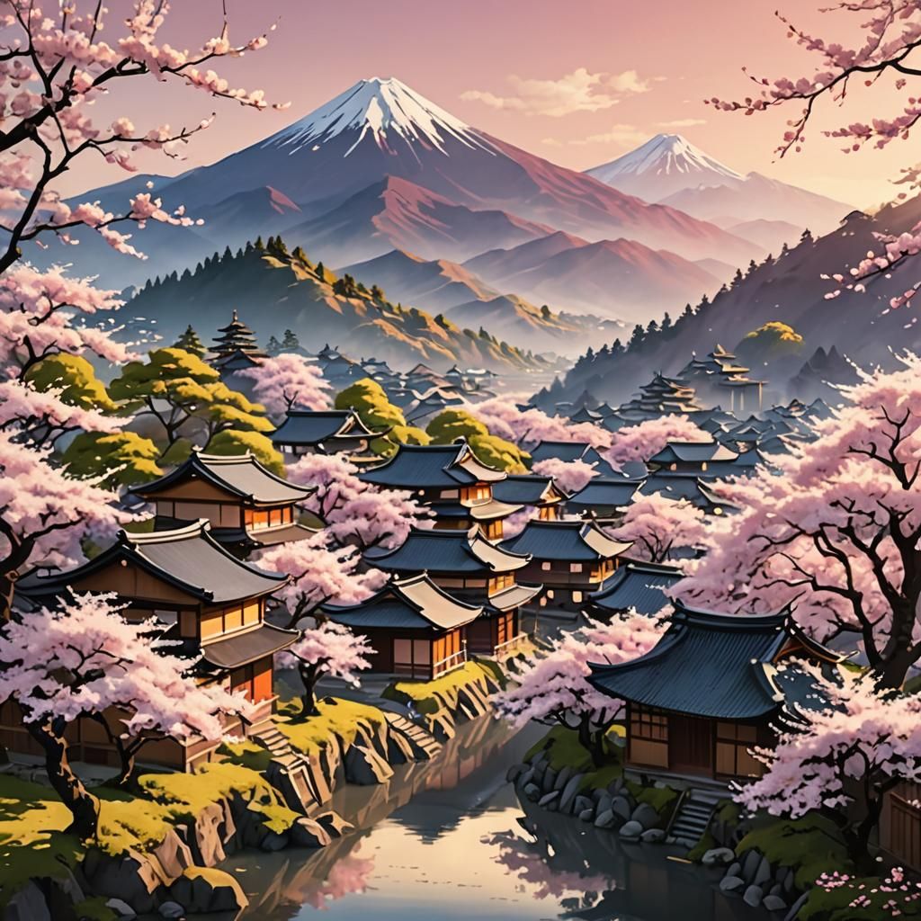 Japanese Village in Cherry Blossoms, Ukiyo-e Style