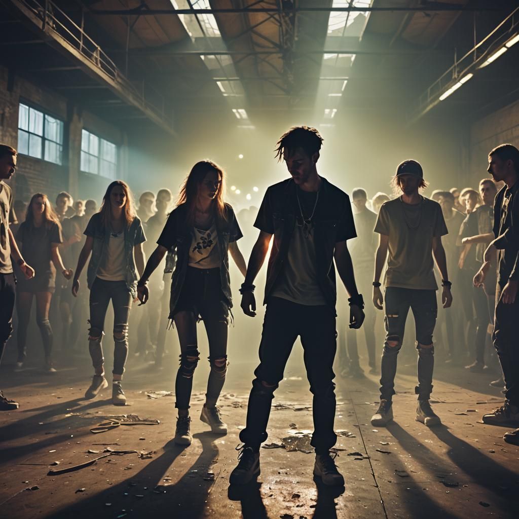 Warehouse Rave: Cinematic Film Still with Dynamic Lighting