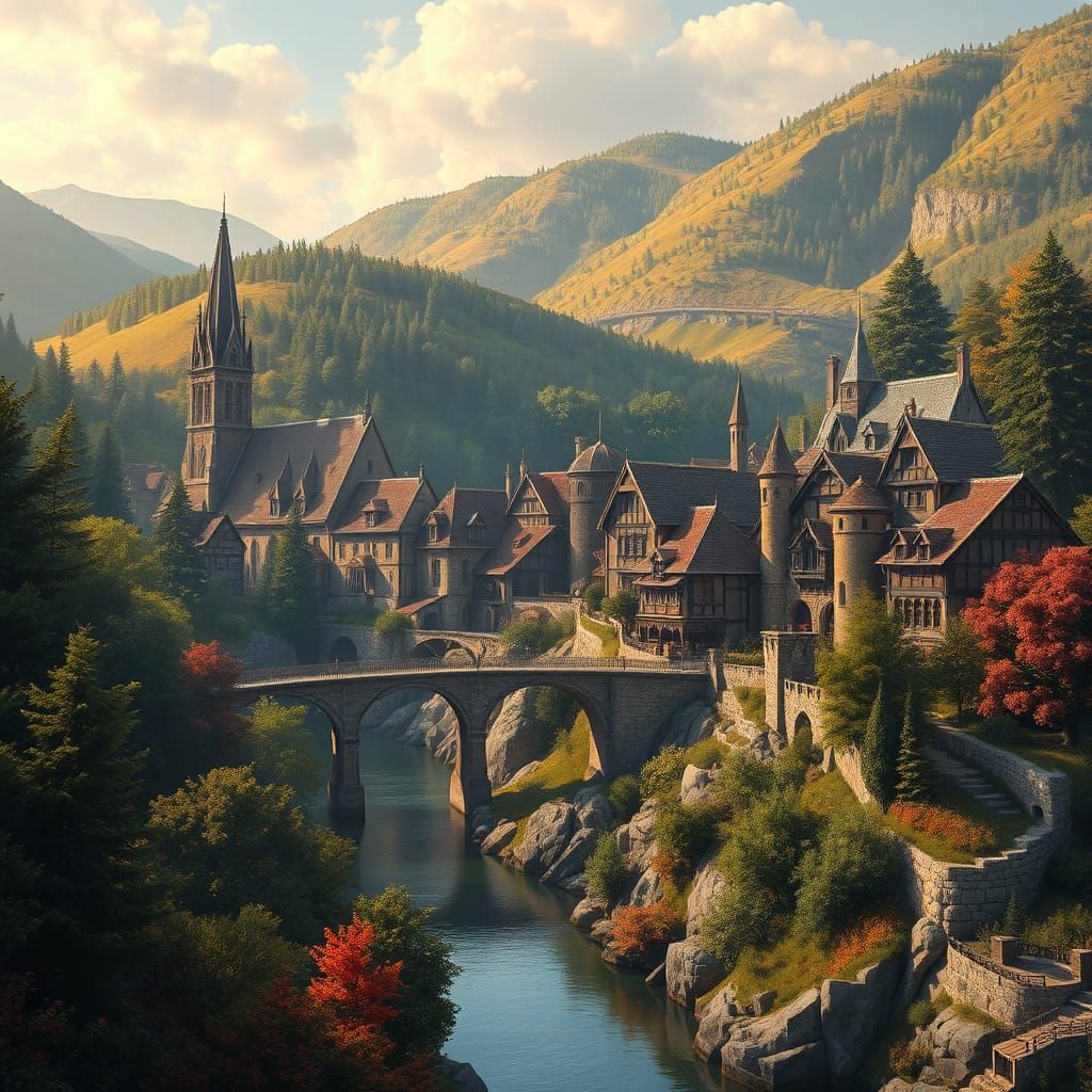Gothic Village in Valley as Matte Painting
