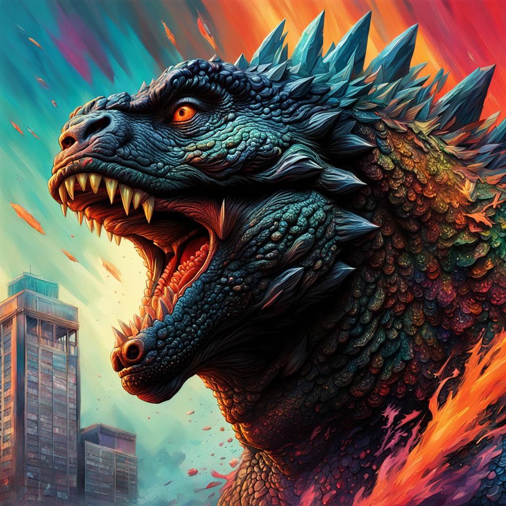 Hyperrealistic Godzilla Splash Art Portrait