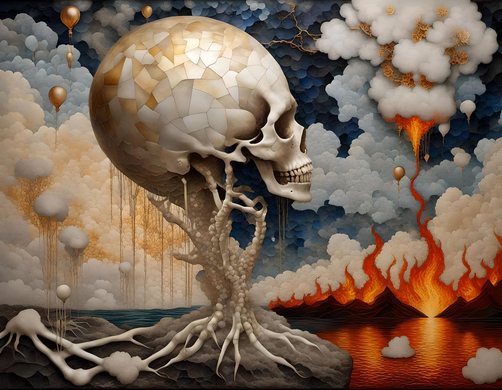 Surreal Heartballoon Under Threat: Antiqued Tessellated Art