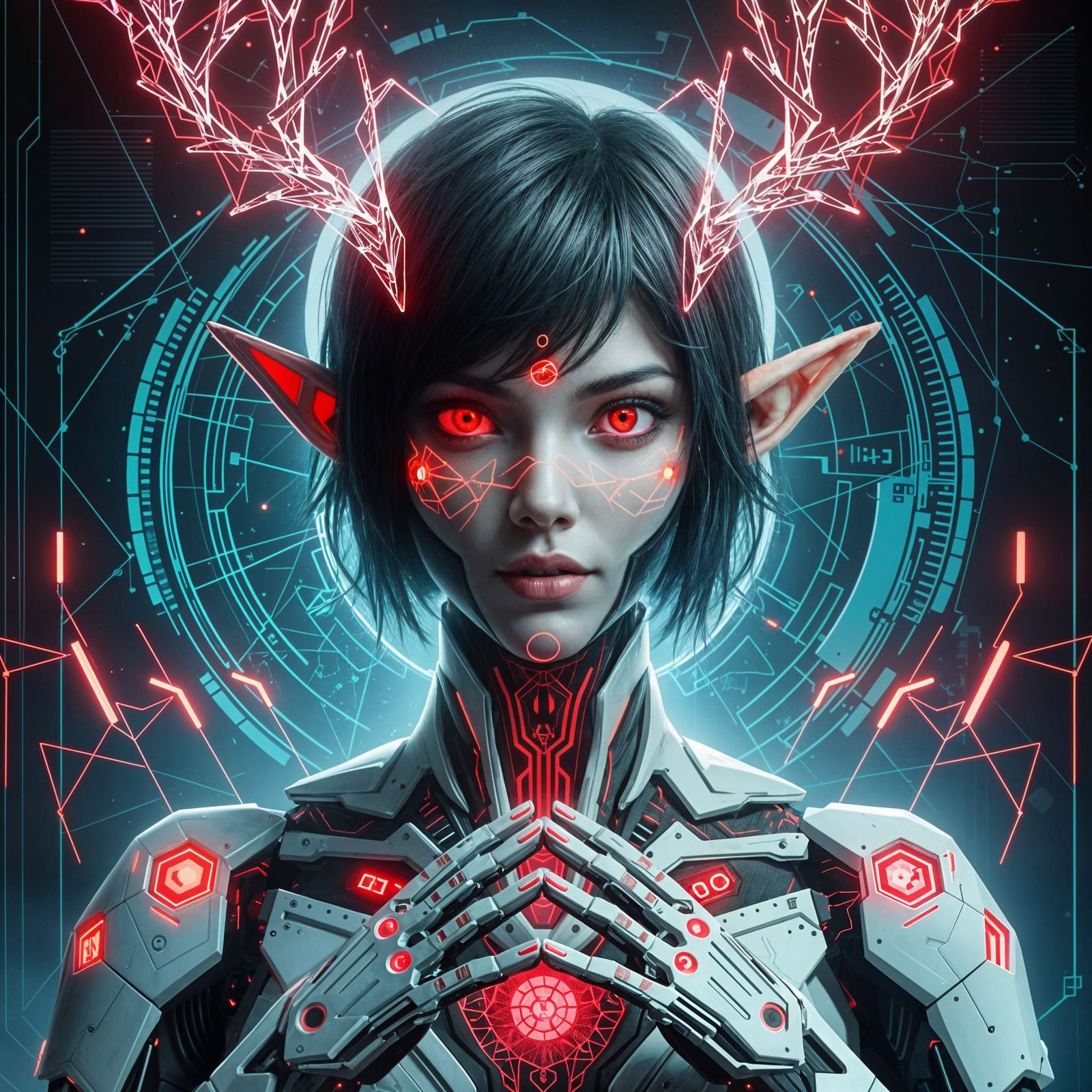 Cyberpunk Elf Portrait with Neon and Holographic Effects