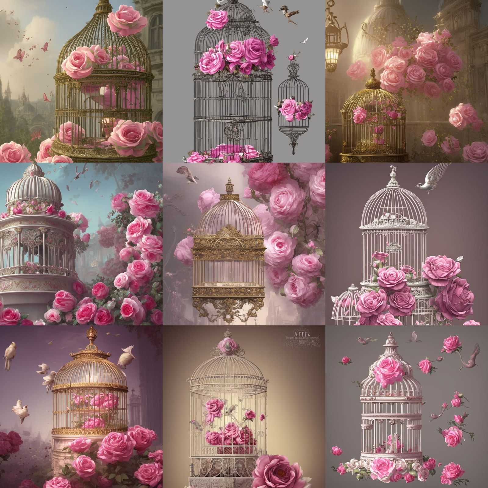 Elaborate Birdcage with Roses in Art Nouveau Style