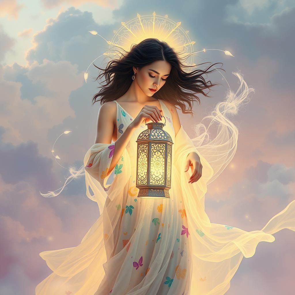 Ethereal Woman with Lantern in Dreamy Pastel Hues