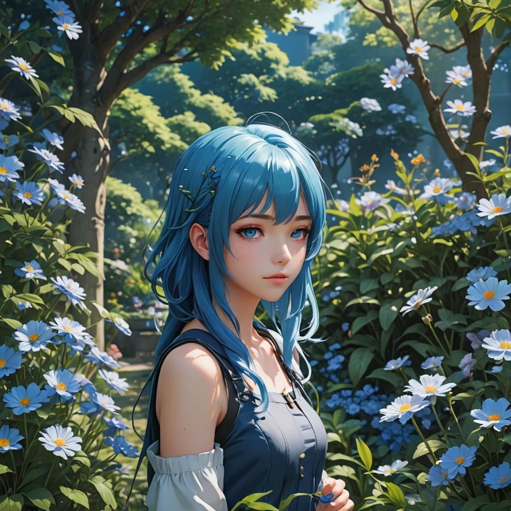 Blue-Haired Anime Girl in Blue Garden, 3D Render