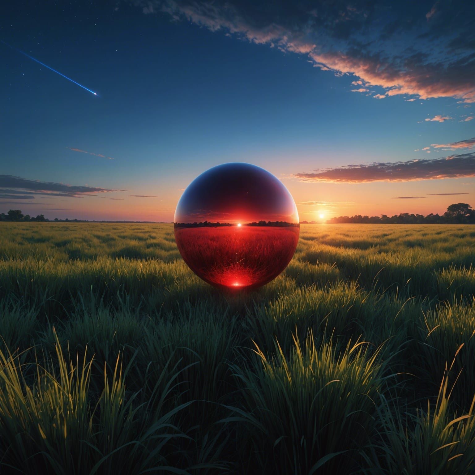 Red Sphere Floating Over Grassy Plain in Digital Painting