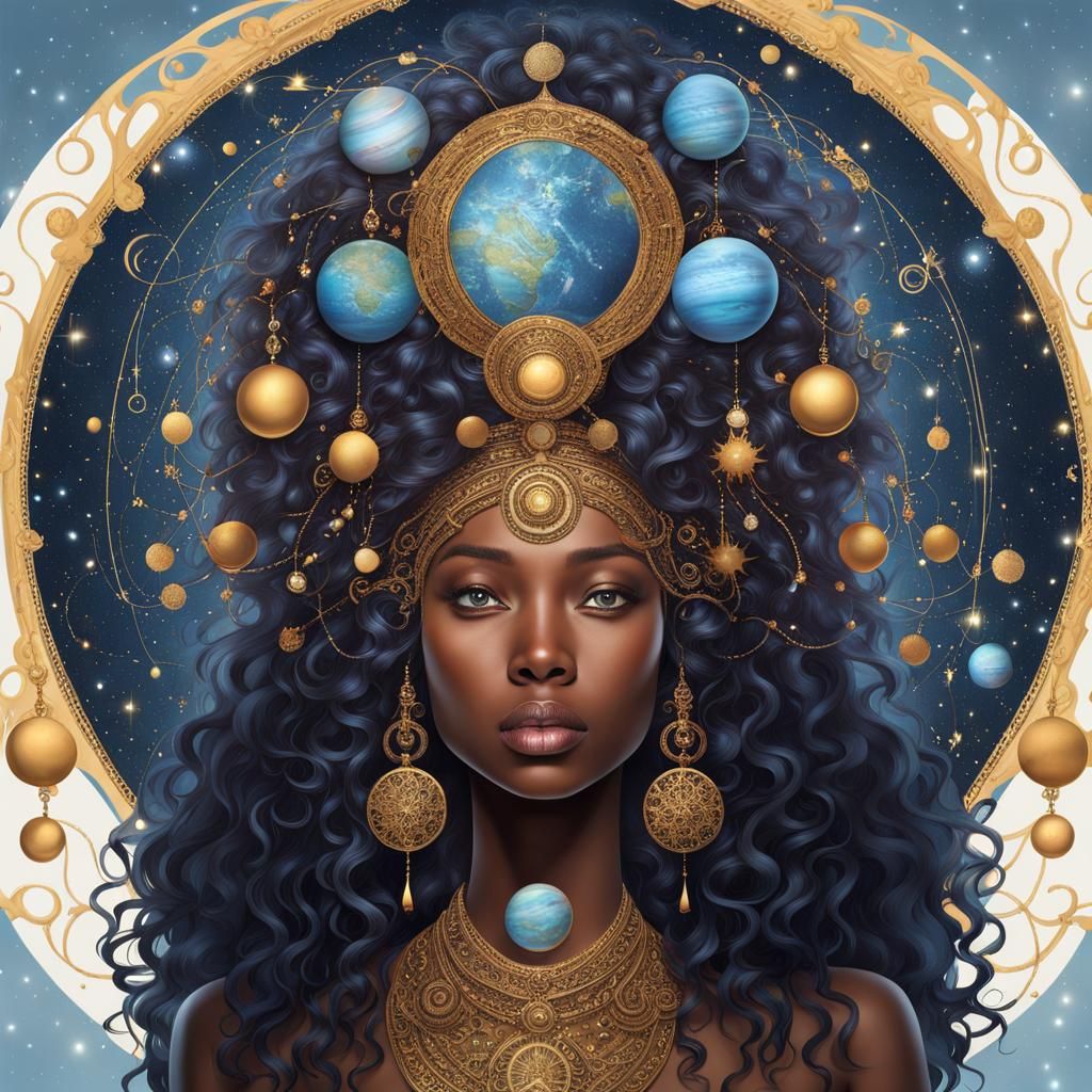 Celestial Woman with Bronze Skin and Cosmic Adornments