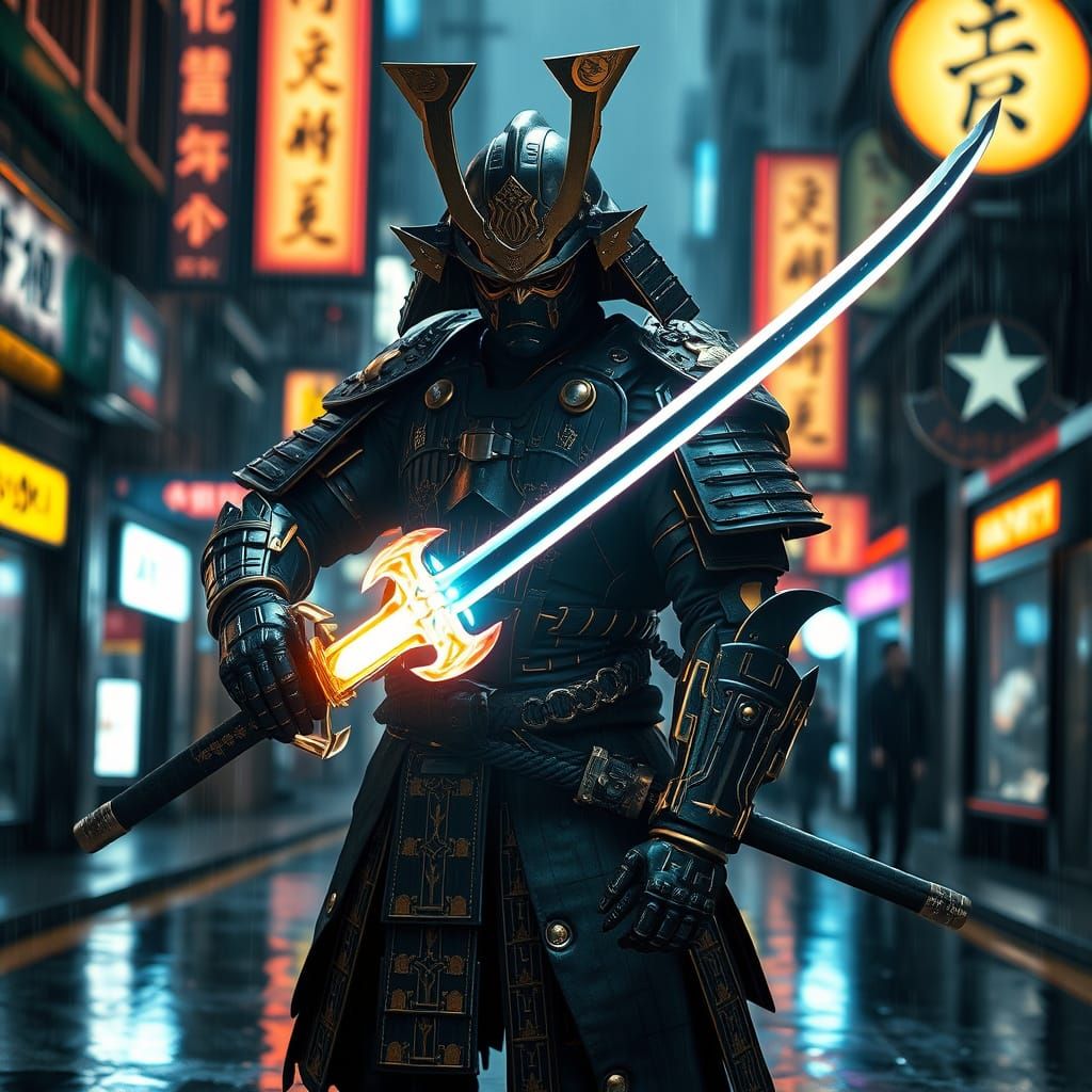 Futuristic Samurai in Cyberpunk City Street