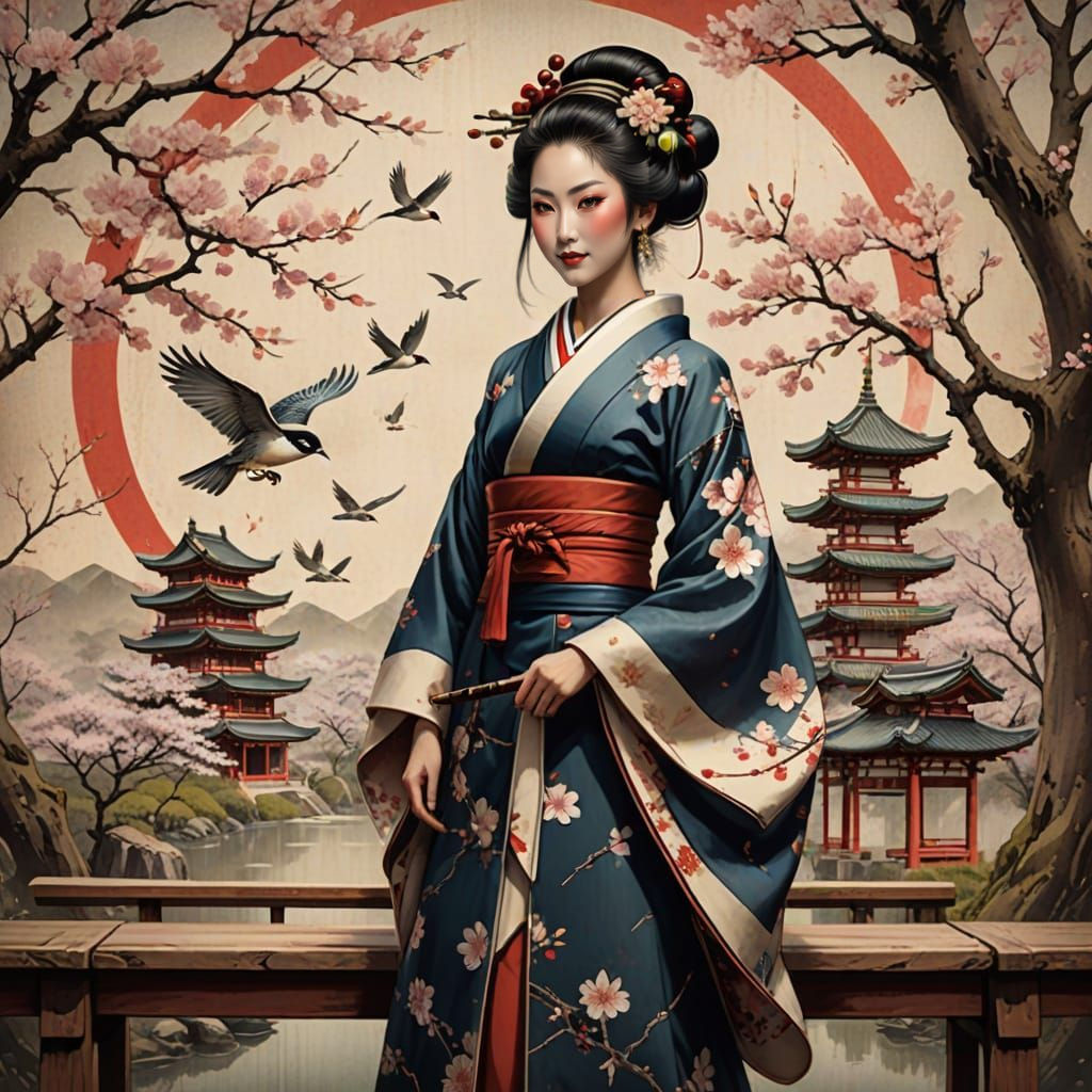 Digital Artwork of a Geisha in a Vintage-Style Setting