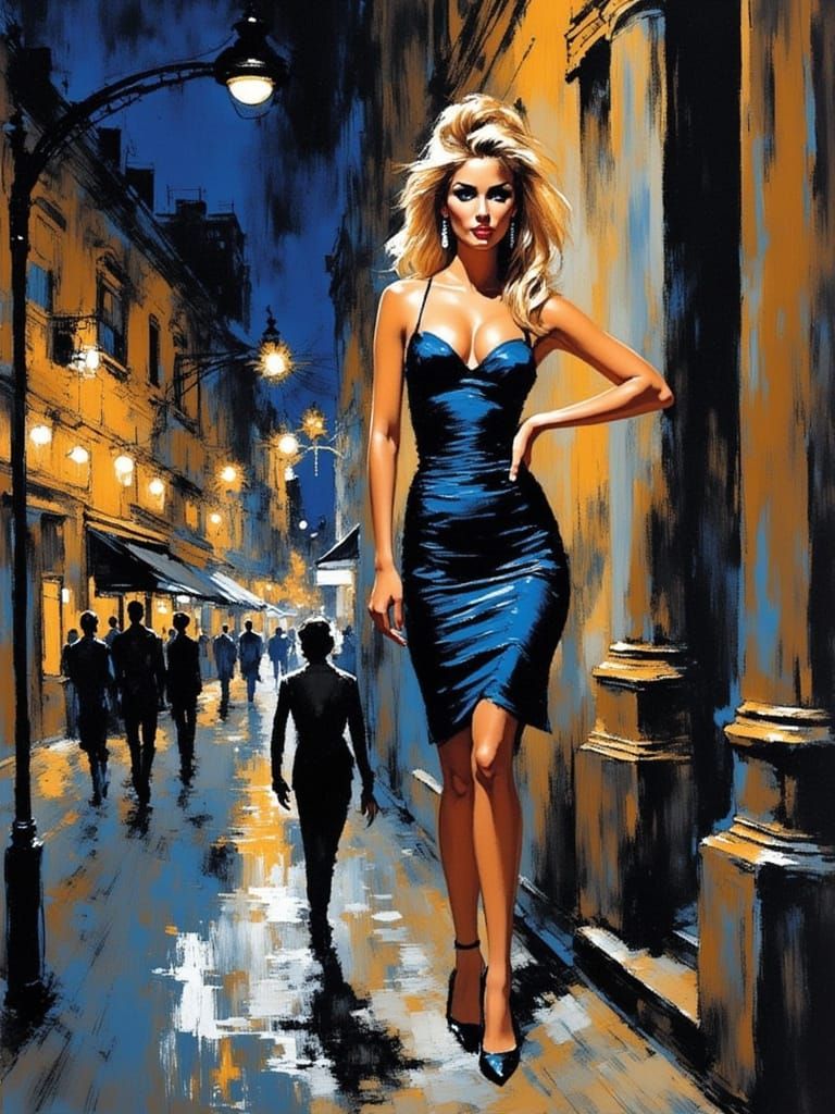 Impressionist Painting of Woman in Night Alley