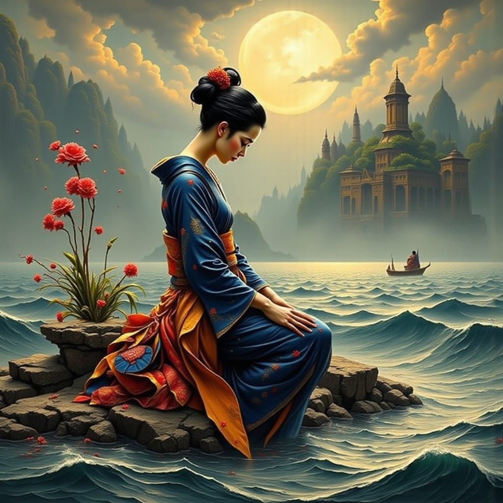 Mourning Geisha by the Sea: Digital Art