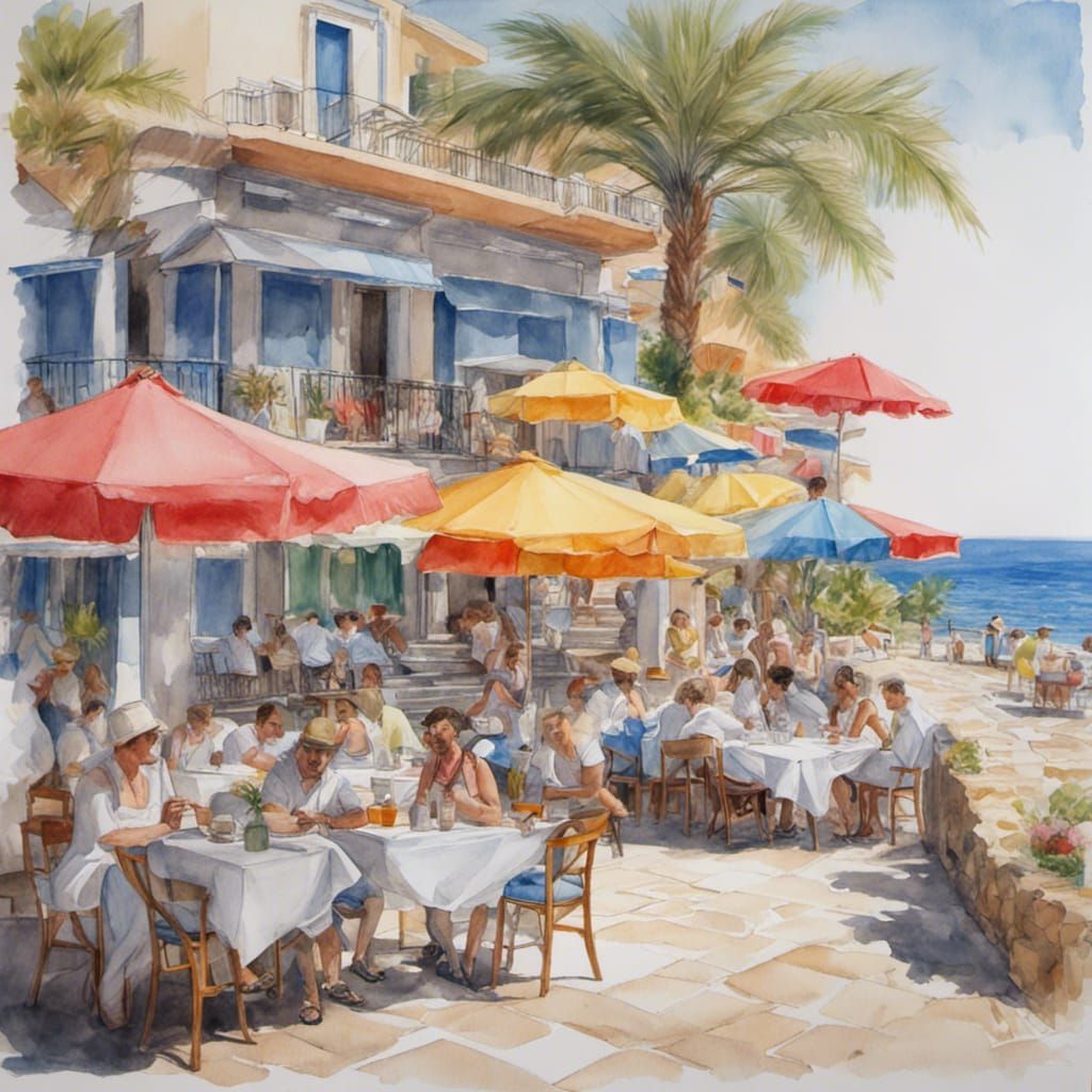 Greek Beachside Cafe in Hyperrealistic Splash Art