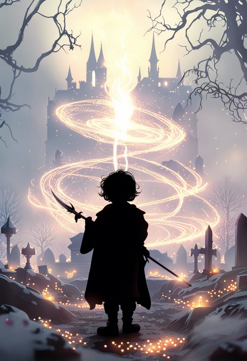 Halfling Wizard Silhouette in Cemetery, Detailed Matte Paint...