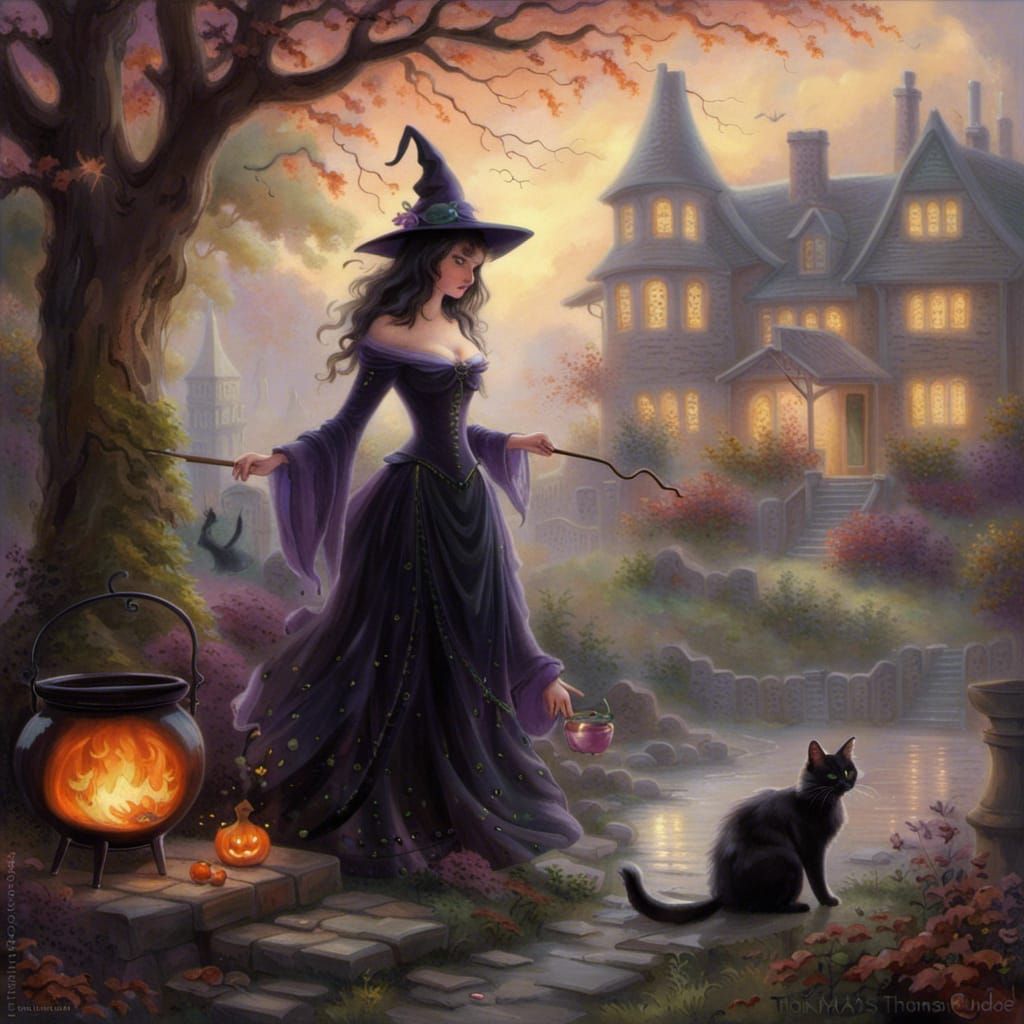 Ethereal Witch with Cauldron and Black Cat