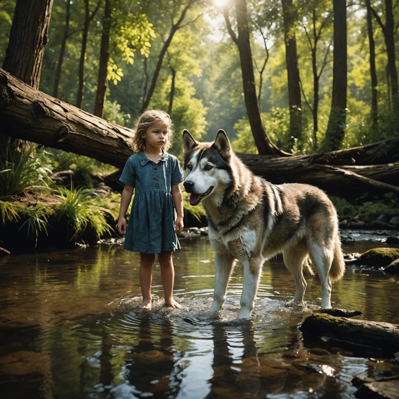 Husky Mix Dog Playing in Creek: Photorealistic Art