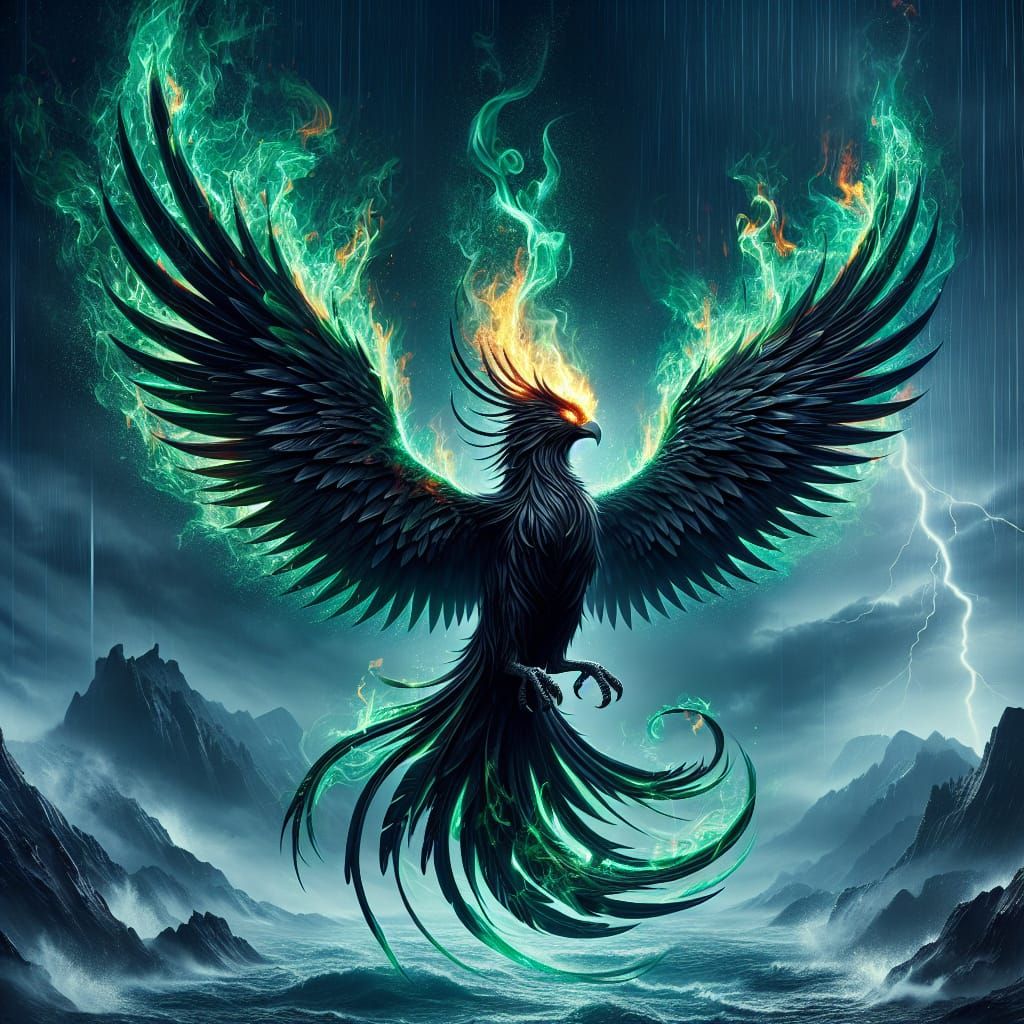 magnificent jet black Phoenix completely engulfed in mystical black and green flames from his topcrest to eyes, to talon...