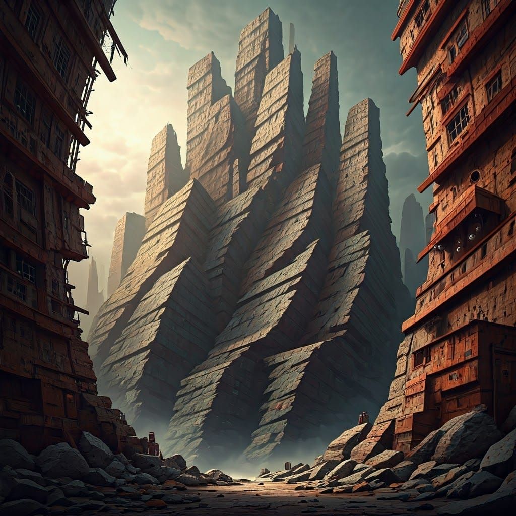 Dystopian Cityscape with Industrial Ruins and Furtive Faces