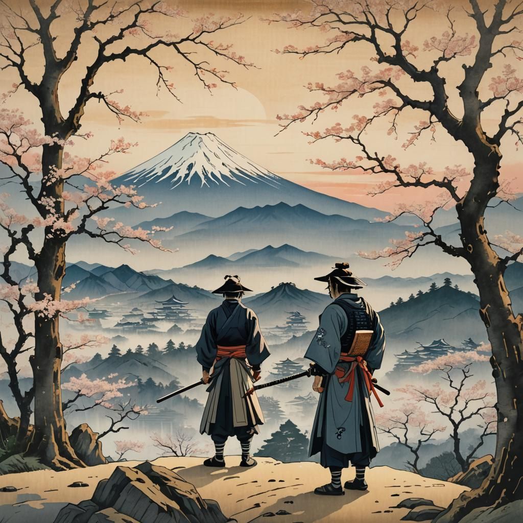 Samurai and Mount Fuji in Ukiyo-e Style