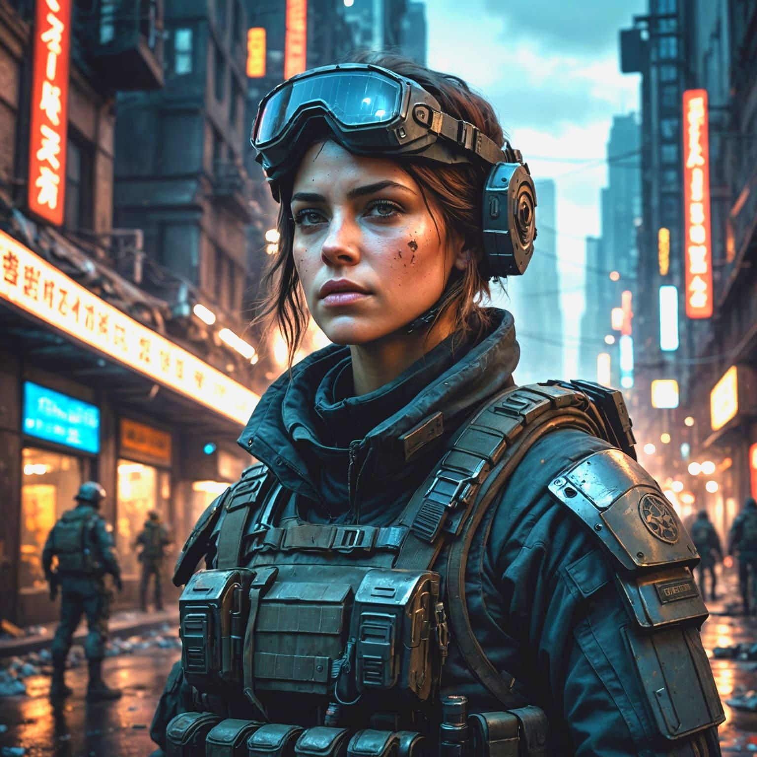 Nighttime Portrait of Female Soldier in Apocalyptic City