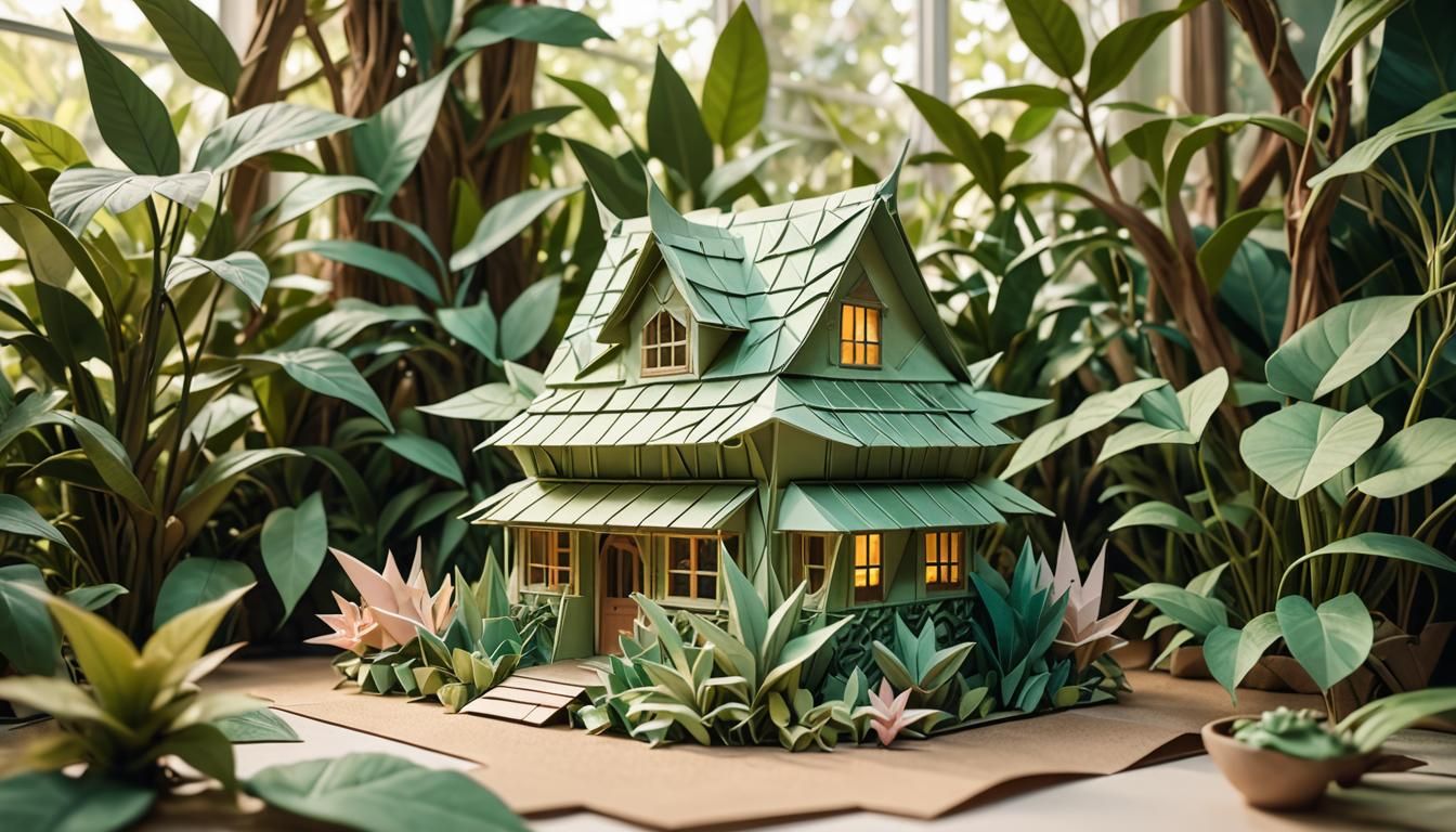 Solarpunk Origami House with Paper Solar Panels