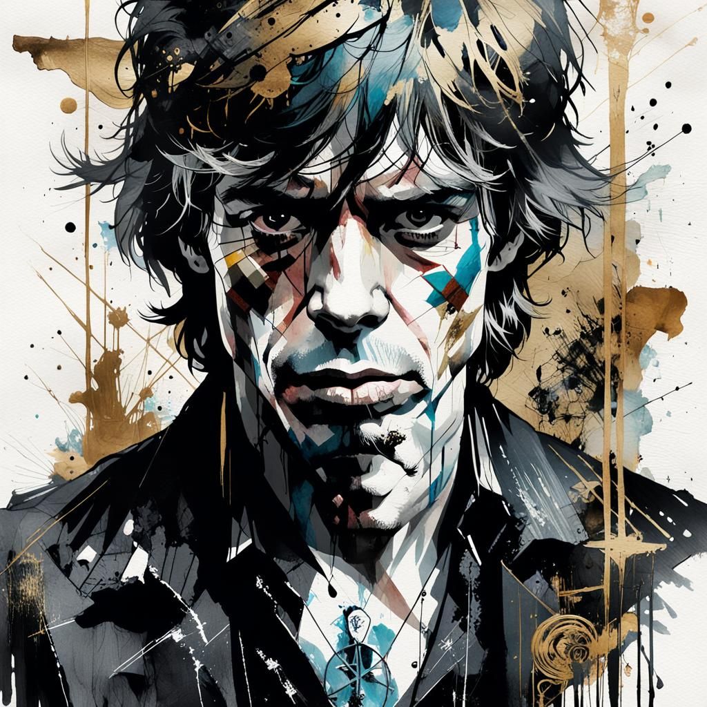 Mick Jagger Portrait in Watercolor with Gold Accents